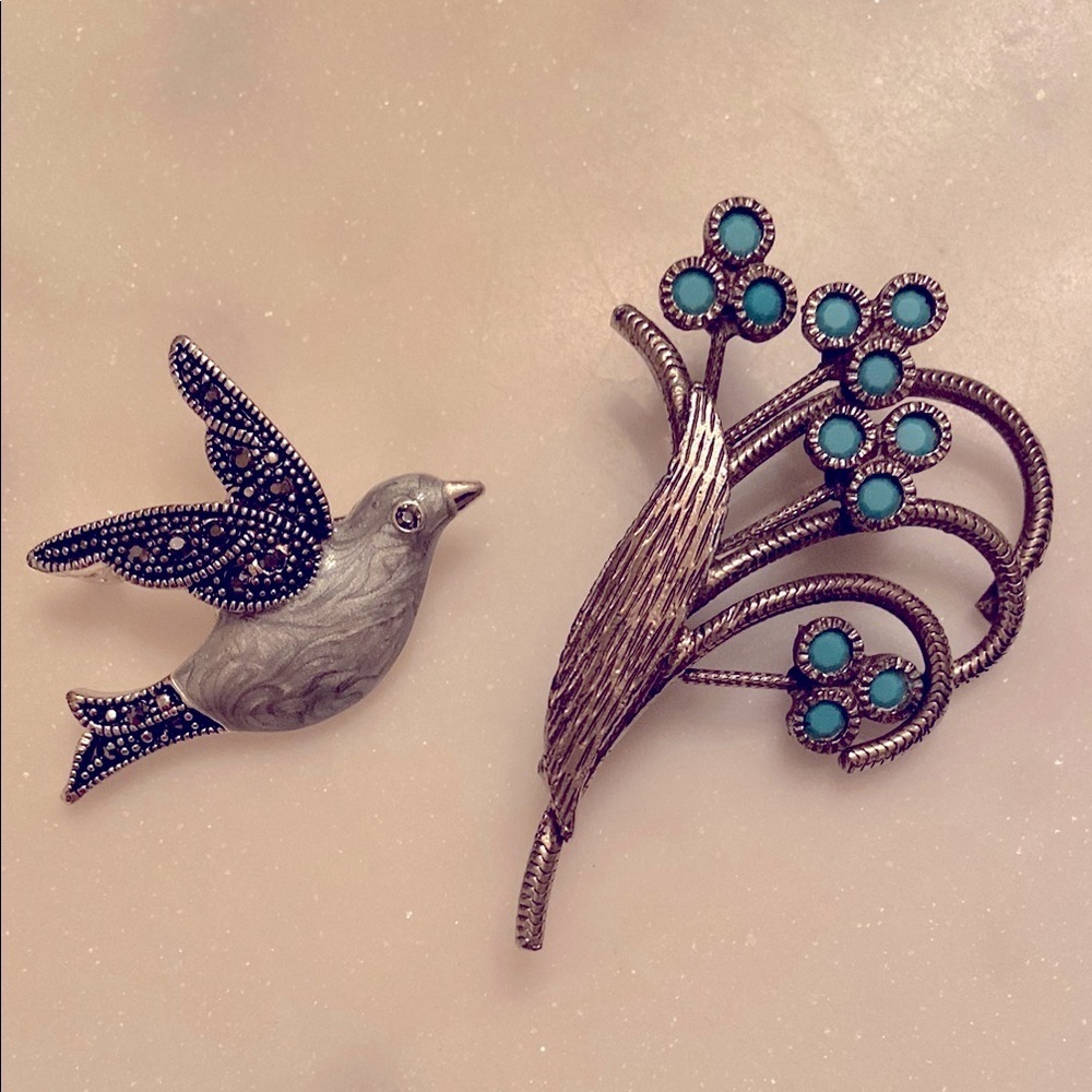Silver Bird and Floral Brooch Set